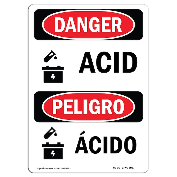 Safety Sign, OSHA Danger, 5" Height, Acid, Bilingual Spanish, 10PK